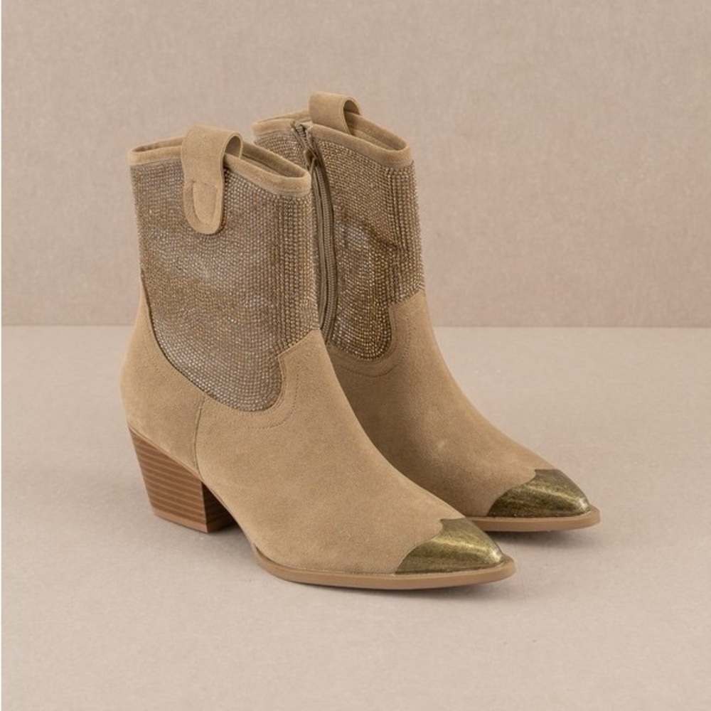 Rhinestone Studded Western Booties with Metal Toe - Oasis Society